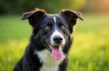 Fototapeta premium Happy senior dog enjoys sunny day. Black mixed breed dog looks at camera. Old canine pet sits in green grass lawn field. Animal sticks tongue out panting after walk.