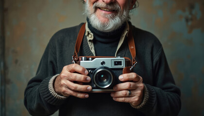 Smiling senior man holds old camera. He enjoys hobby. Elderly male wears casual clothes. Fashionable older photographer poses. Mature adult with grey hair shows his passion for photography.