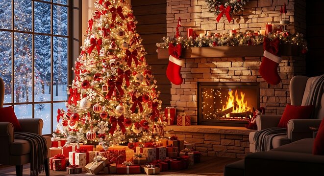 Christmas tree and fireplace in cozy living room with gifts near