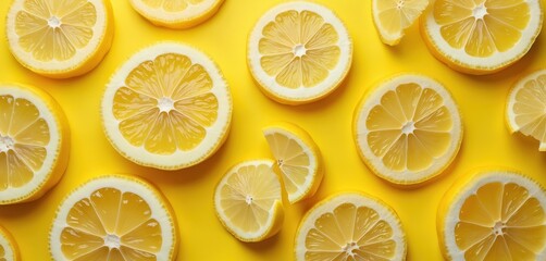 Lemon slices on yellow flat lay backdrop. Repeating citrous fruit pattern. Food texture with lemonade ingredients. Fresh summer background with many lemon halves. Sliced citrus circles for healthy