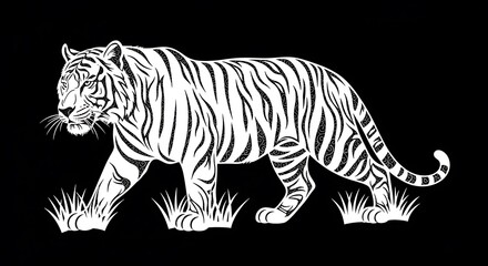 Naklejka premium A majestic white tiger walking through tall grass on a black background