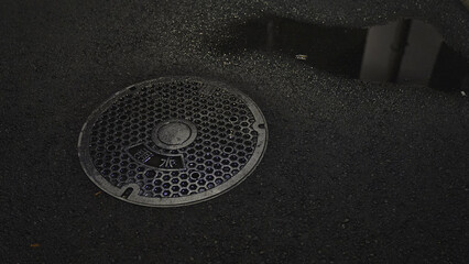 apanese Manhole Cover on Wet Asphalt with Water Puddle Reflection - Street Details at Night / 濡れたアスファルト上の日本のマンホール