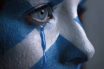 Close-up human face, portrait with painted national flag of scotland , with tears flowing from eyes. The image conveys emotion, pride, and powerful national sentiment.