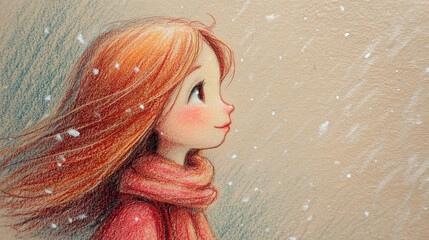 Mädchen im Schneefall – warme Winterillustration in Pastelltönen
