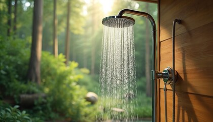Outdoor shower in lush green forest. Water streams from shower head onto natural background. Sunlight filters through trees creating dappled light. Refreshing clean nature scene.
