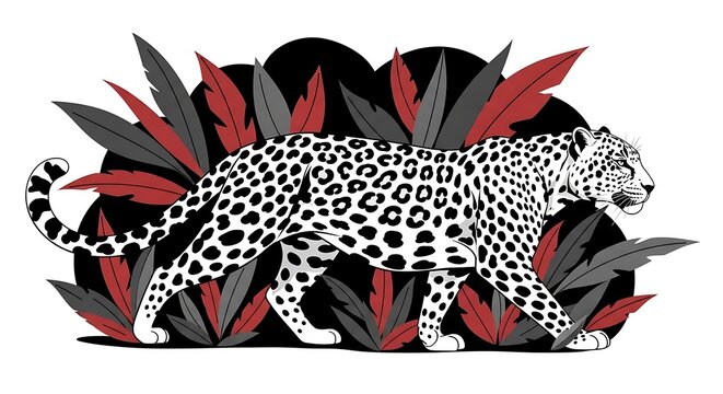 Stylized illustration of a leopard walking through dense foliage with red and gray accents