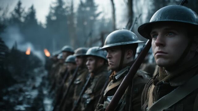 Guard in forest, Patrol standing vigilant amidst damp woodland