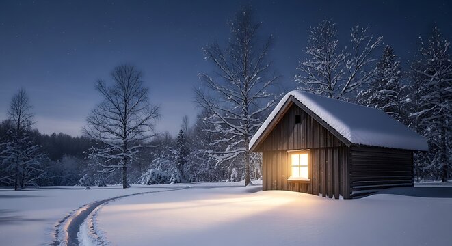 Cozy wooden cabin glowing with warm light in a snowy forest at night, winter wonderland scene