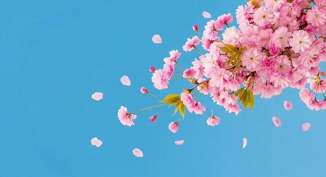 A branch of cherry blossoms with delicate pink petals against a clear blue sky, with petals gently falling