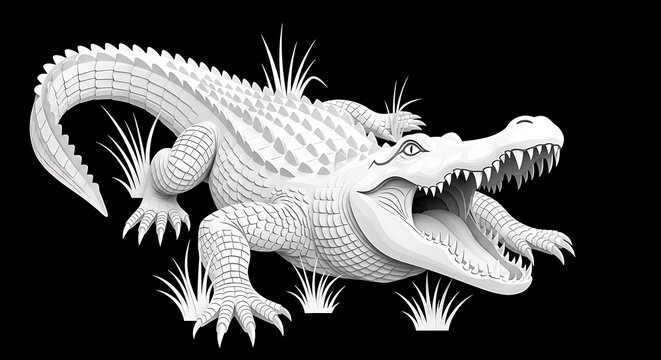 A detailed white sculpture of an alligator with its mouth open, surrounded by grass