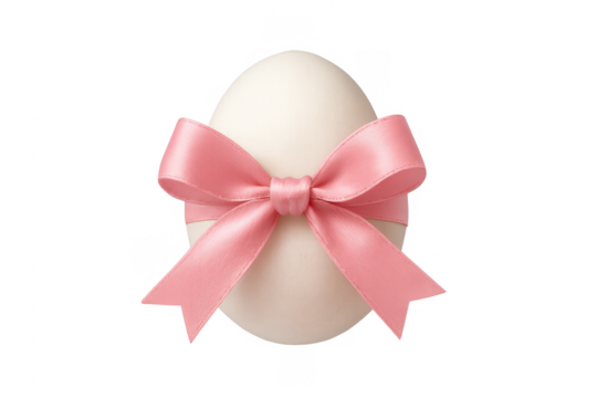 White egg with pink ribbon bow, transparent background