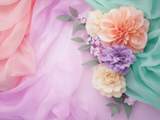 Pastel fabric background with delicate paper flowers including peach lavender and cream blooms green leaves and small pink accents creating soft romantic and elegant composition