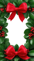 Christmas wreath with green leaves, red berries, and festive red bows creates cheerful holiday border on white background, perfect for seasonal greeting cards or invitations