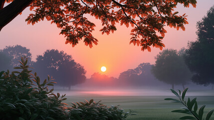 Sunrise landscape with orange sky, misty field, and trees in background, leafy branches in foreground, peaceful and serene morning atmosphere