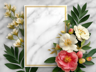 Elegant floral frame with gold border marble background white and pink flowers green leaves and buds perfect for invitations greeting cards or announcements