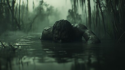 A shadowy figure lurks half-submerged in murky swamp waters, surrounded by dense, eerie vegetation. The scene evokes tension, survival, and haunting atmosphere.