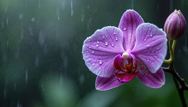 Close up photo of orchid flower in rain. Purple orchid blooms with water drops. Macro photography of wet floral with vibrant colors. Nature beauty and freshness.