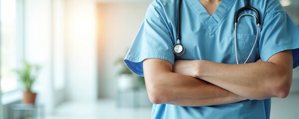 Medical professional with stethoscope arms crossed. Confident nurse or doctor in blue scrubs stands in bright hospital hallway. Healthcare worker ready for patient care.