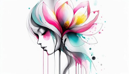 Watercolor painting of a beautiful girl with magnolia in soft pink and turquoise tones on a white background, ideal for cosmetic branding, feminine product layouts, skincare packaging, wall decor art