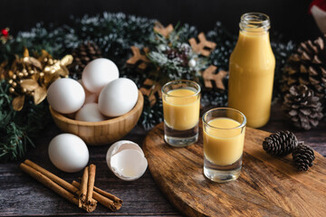 Rompope vanilla liqueur eggnog drink made with eggs in Mexico, traditional for Mexican Christmas...