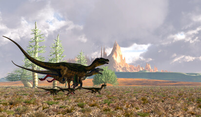 Fototapeta premium Ornitholestes Dinosaurs - Ornitholestes was a small carnivorous dinosaur that lived in the Jurassic Period of Western Laurasia which is now North America.