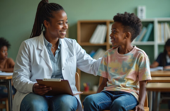 Black woman psychologist consults young boy in class. Child shares problem with professional consultant. Girl in lab coat holds clipboard, talks to schoolboy. Diverse children get mental help from