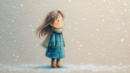 Handgezeichnetes kleines Mädchen im Schneefall – winterliche Kinderillustration