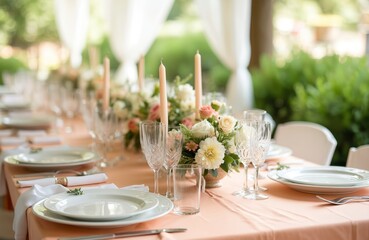 Fototapeta premium Festive formal dining table setting prepared for wedding event. Table set with candles, glasses, dishes, flower decorations. Ready for guests at elegant party catering service. Luxury dinner