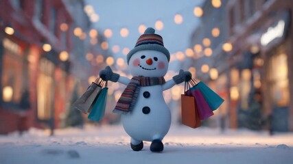 Cute snowman walking with colorful shopping bags on festive winter street holiday season shopping cheerful christmas mood animation - Powered by Adobe
