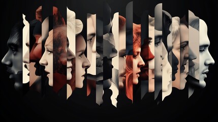 Fragmented, layered faces create a surreal, monochromatic collage of human expressions. The image evokes complexity, identity,  modern artistry, humanity diversity of species, inclusiveness concept.