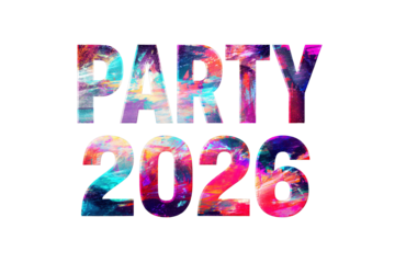 "PARTY 2026" text on a transparent background for designers, marketers and IT professionals. Popular business card, illustration, object, symbol, texture, pattern, holiday, business, vacation.