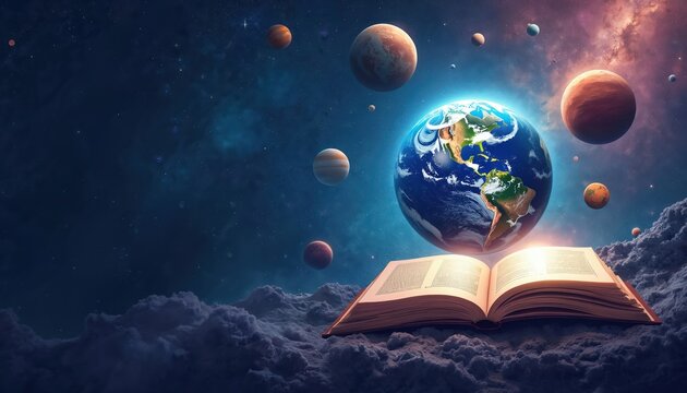 Earth hovers over open book with planets and stars in background. Cosmic scene suggests learning about universe and space. Knowledge opens new worlds.