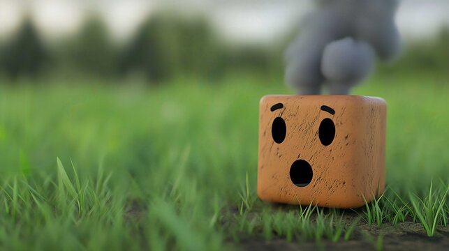 Whimsical Cartoon Character With Surprised Expression in 3D Animation on Grass Background Featuring Smoke Effect