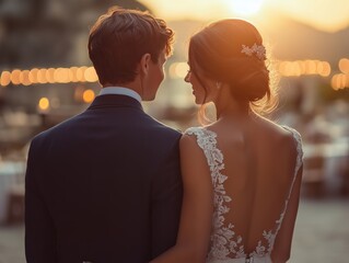 A couple gazes at a golden sunset, exuding love, warmth, and timeless connection. The scene captures intimacy, beauty, and serene moments.