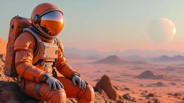 Creature of space inspects barren Martian surface during sunrise