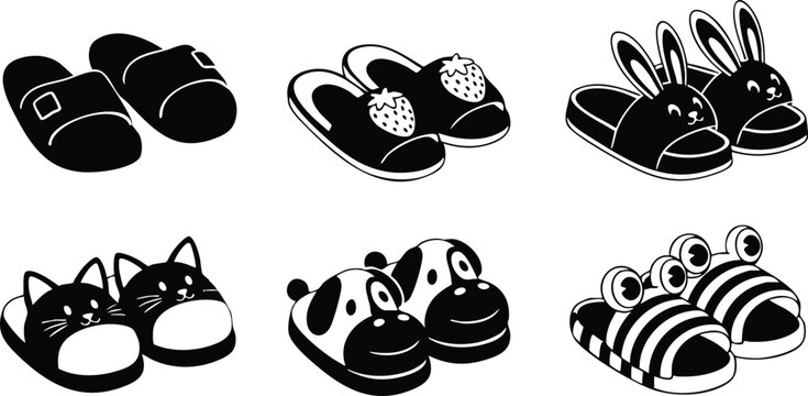 Collection of black and white animal-themed slippers vector illustration set with bunny, cat, panda, and bee designs 