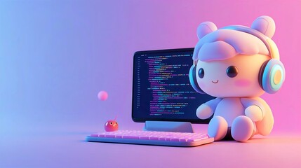 Cute Kawaii Design Character in a Coding Illustration with Gaming Setup and Pastel Plush Toy in a Technology Art Workspace