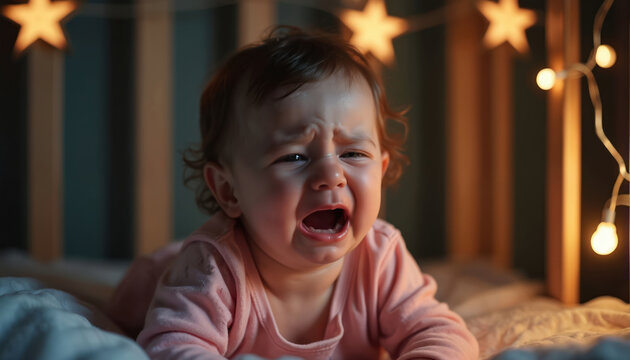 Baby lies in crib and cries loudly. Little child is upset and feels unwell. Soft star night lights create calm ambiance for bedtime. Exhausted parents try to soothe.