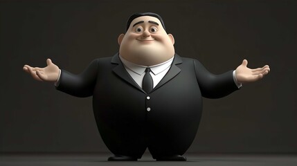 Funny Businessman Cartoon Character in Confident Pose with Cheerful Expression in a Black Suit - Animated Figure for Corporate Theme and Client Engagement in Digital Art 3D Character Design