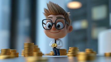 Cute 3D Cartoon Character in Office Setting with Gold Coins: Playful Illustration of Financial Success and Wealth Accumulation for Young Entrepreneurs