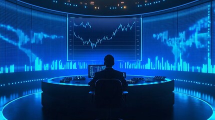 Futuristic Trading Room with Glowing Screens: Financial Graph Analysis and Data Visualization for Tech-Savvy Finance Professionals in Modern Office Design