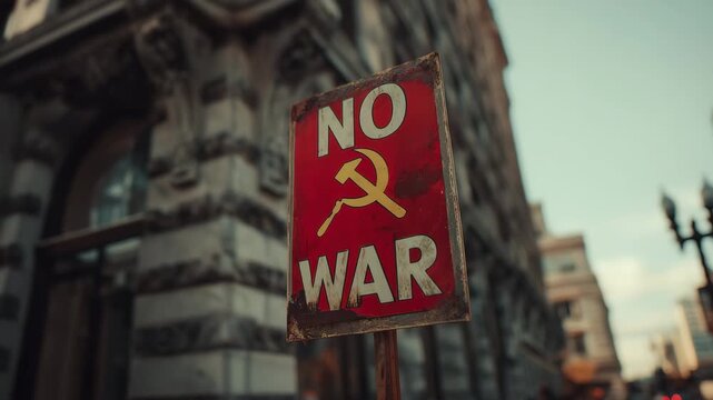 protest sign with no war message and retro hammer and sickle symbol held in urban street environment expressing antiwar sentiment and social activism