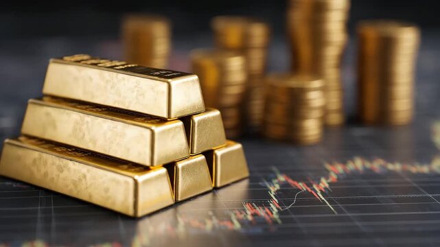 Gold bars and coins on financial chart concept of investment wealth savings precious metals market value and economic growth