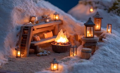 Cozy winter scene with lanterns and campfire in snow covered landscape for christmas holiday season