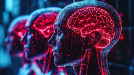 Neon Lights Brain Anatomy: AI Driven Cybernetic Heads in Futuristic 3D Illustration With Glowing Effects