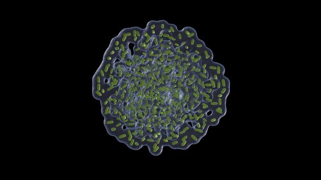 Biofilm formation on flat surface. Buildup of biofilm forming on solid material. 3d animation rendering.