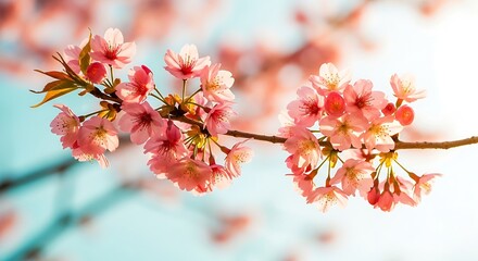 Delicate pink cherry blossoms bloom on a branch against a soft, blurred blue sky
