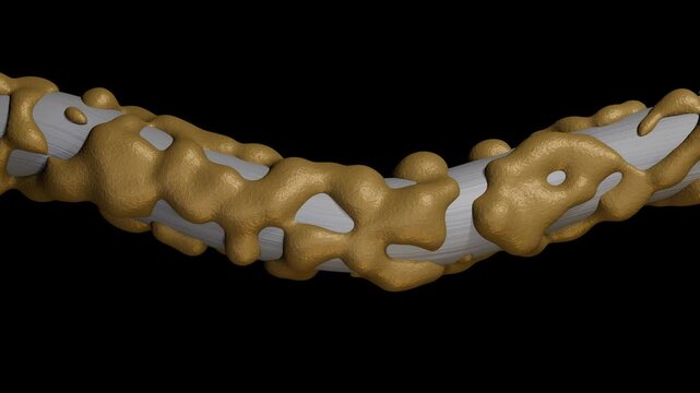 Biofilm formation on surface. Buildup of biofilm forming on solid material.  Coating on hair strand, cable. 3d animation rendering.