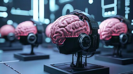 Futuristic Brain Technology: Cybernetic Headset with AI, Neuroscience, and Virtual Reality in Surrealistic 3D Digital Art