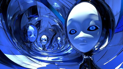 Futuristic Sci-Fi Humanoid Figures in Surreal Blue Toned Virtual Reality Environment with Abstract Glossy 3D Art and Intricate Details